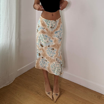 Vintage Beige Blue Floral Silk Mesh Midi Skirt Gerard Darel Bias Cut Skirt (S) ⠀