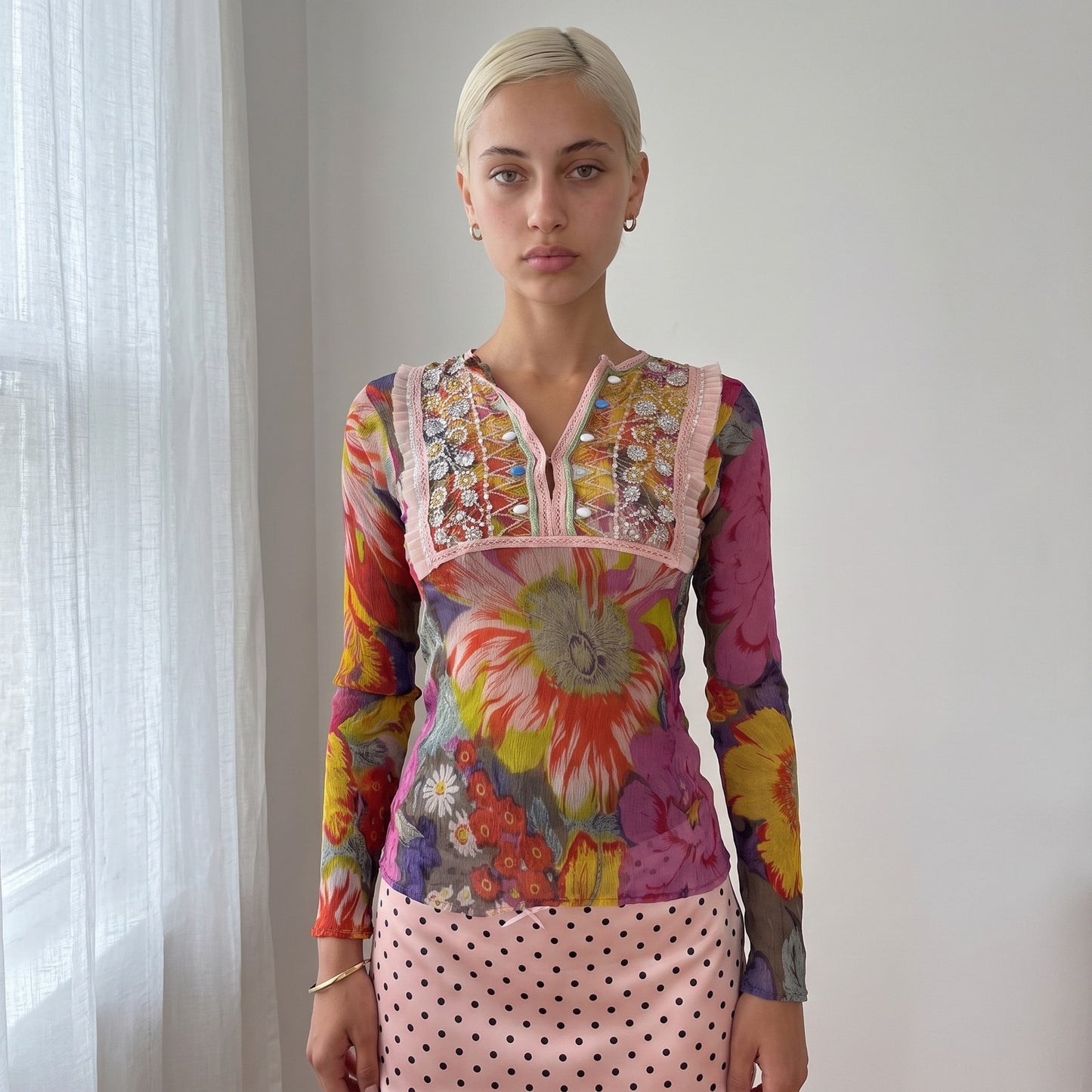 Vintage Pink & Yellow Silk Floral Beaded Mesh Top Boho Y2K (S/M)