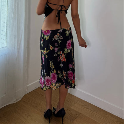 Vintage Black Floral Silk Mesh Midi Skirt Double Layer Italian Y2K (S/M)