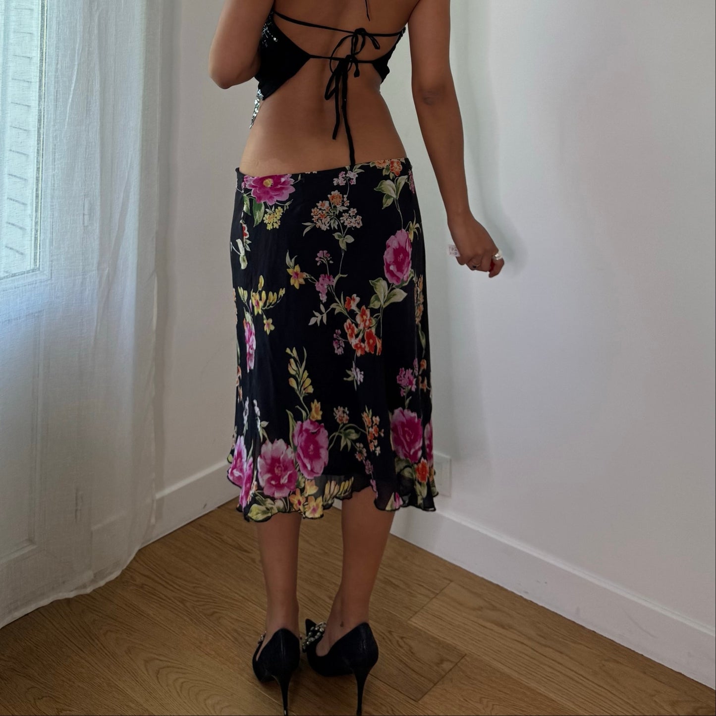Vintage Black Floral Silk Mesh Midi Skirt Double Layer Italian Y2K (S/M)