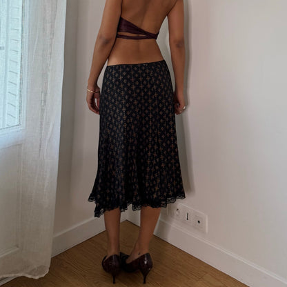 Vintage Black Brown Lace Trim Midi Skirt Euro Y2K (S/M)