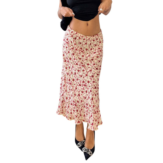 Vintage Italian Cream and Red Floral Mesh Midi Skirt (S/M)