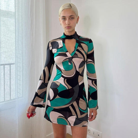 Vintage Italian Abstract Print Bell Sleeve Mini Dress
