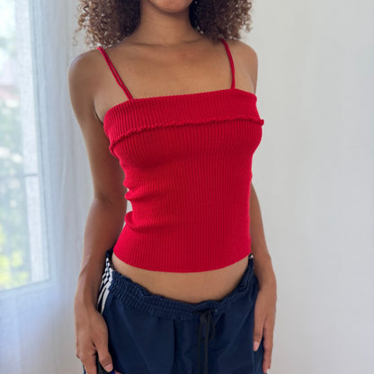French 90s Vintage Ribbed Knit Cami in Cherry Red (S/M)