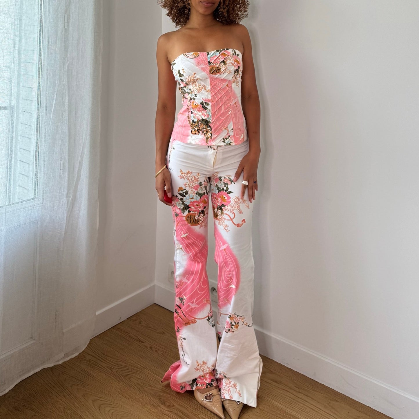 Vintage White Pink Floral Bustier & Pants Set Cotton Spanish Y2K (XS/S)