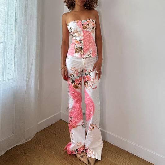 Vintage White Pink Floral Bustier & Pants Set Cotton Spanish Y2K (XS/S)
