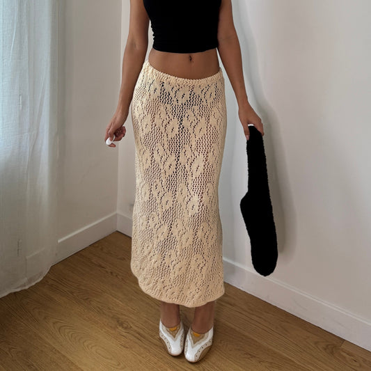 Vintage Cream Crochet Knit Maxi Skirt Boho Sheer Open Knit Skirt (XS–M) ⠀