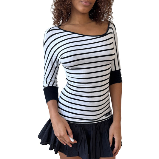 Vintage Italian Striped Slinky Asymmetrical Sleeve Top by Denny Rose (S)