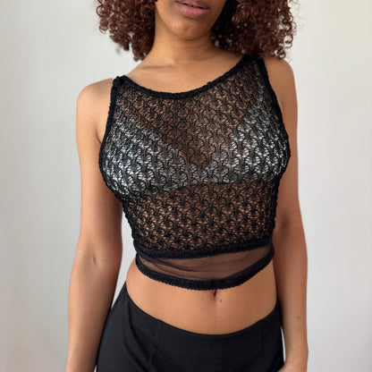 Vintage Love Sex Money Black Lace Mesh Top Tie Back Sheer Y2K (S)