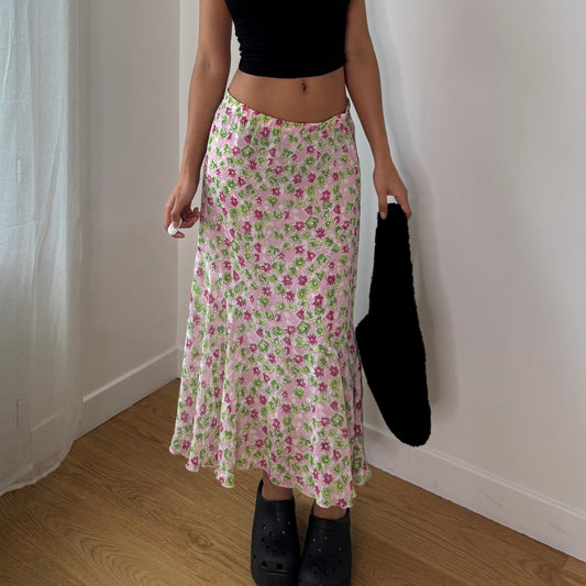Vintage Pink Green Floral Mesh Maxi Skirt Italian Y2K Bias Cut Skirt (S) ⠀
