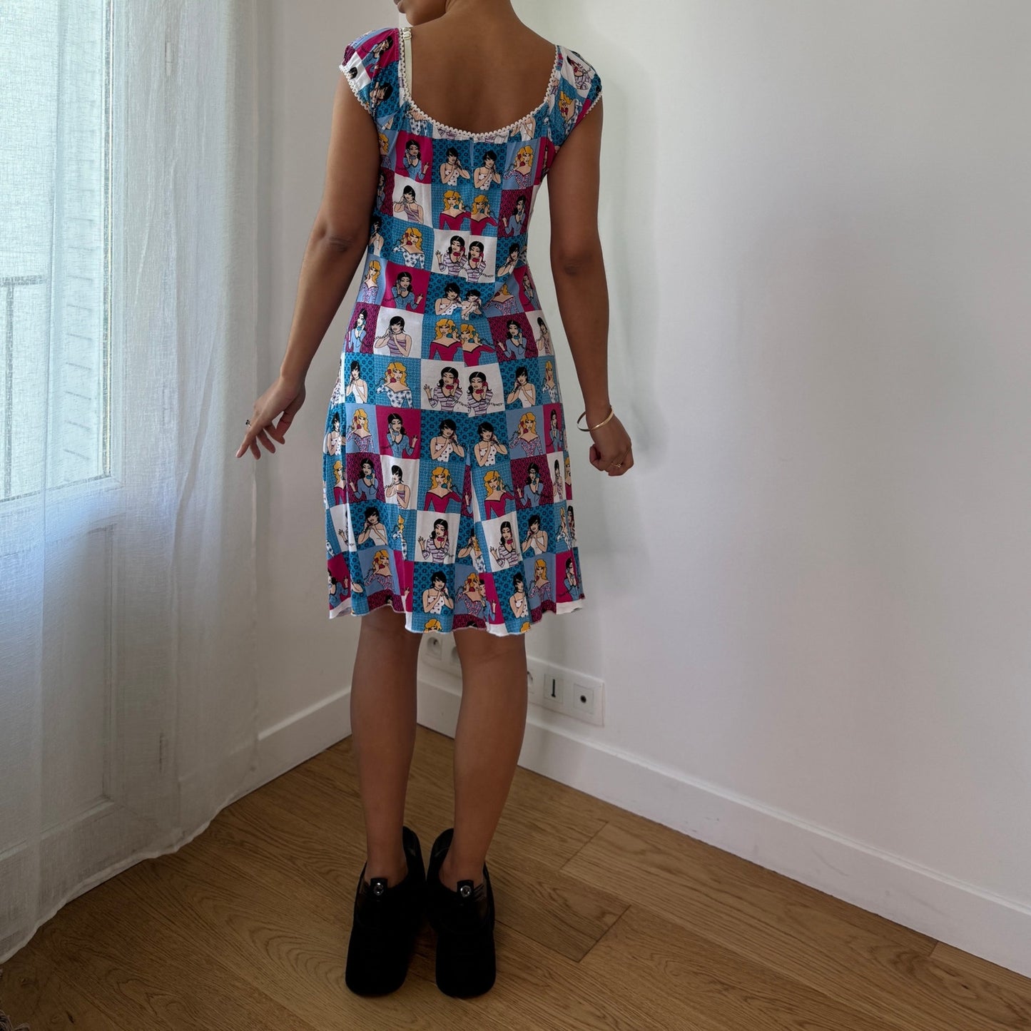 Vintage Comic Print Babydoll Dress Spanish Y2K Pop Art Mini Dress (S/M) ⠀