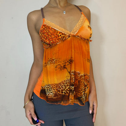 Vintage 00s Orange Cheetah graphic Micro Mesh Cami Tank (S)