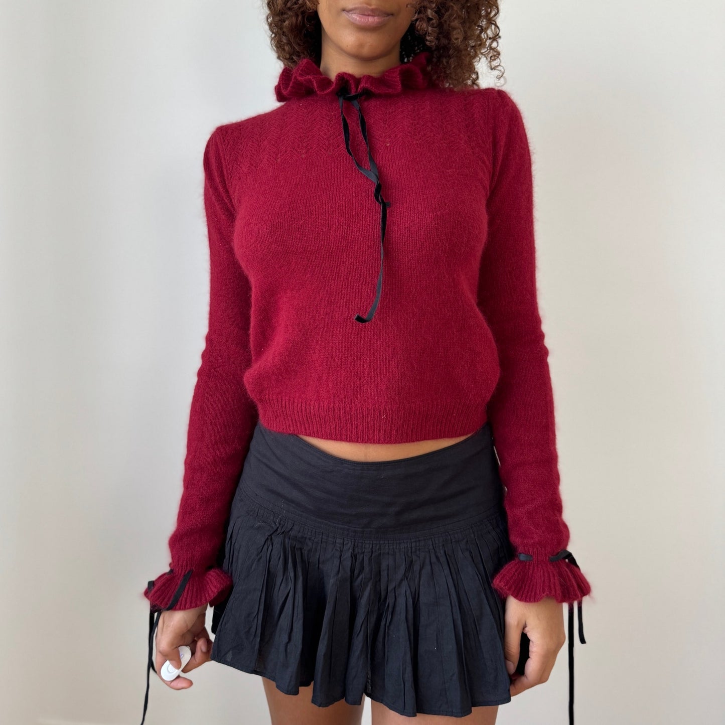 Vintage Euro Burgundy Angora Ruffle Neck Knit Long Sleeve Top (Small)