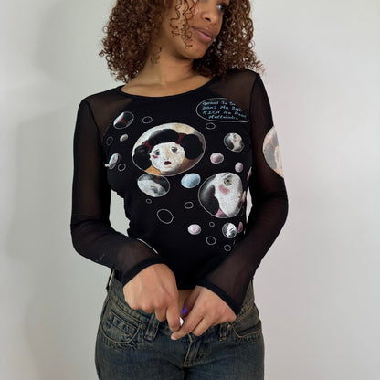 Rare! Vintage Black Mesh Graphic Long Sleeve Top Misia Paris Y2K (S)