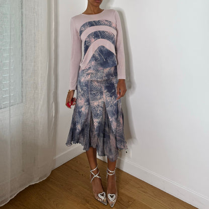 Italian vintage Y2K pink and blue two-piece set with slinky long sleeve top and embroidered silk mesh midi skirt