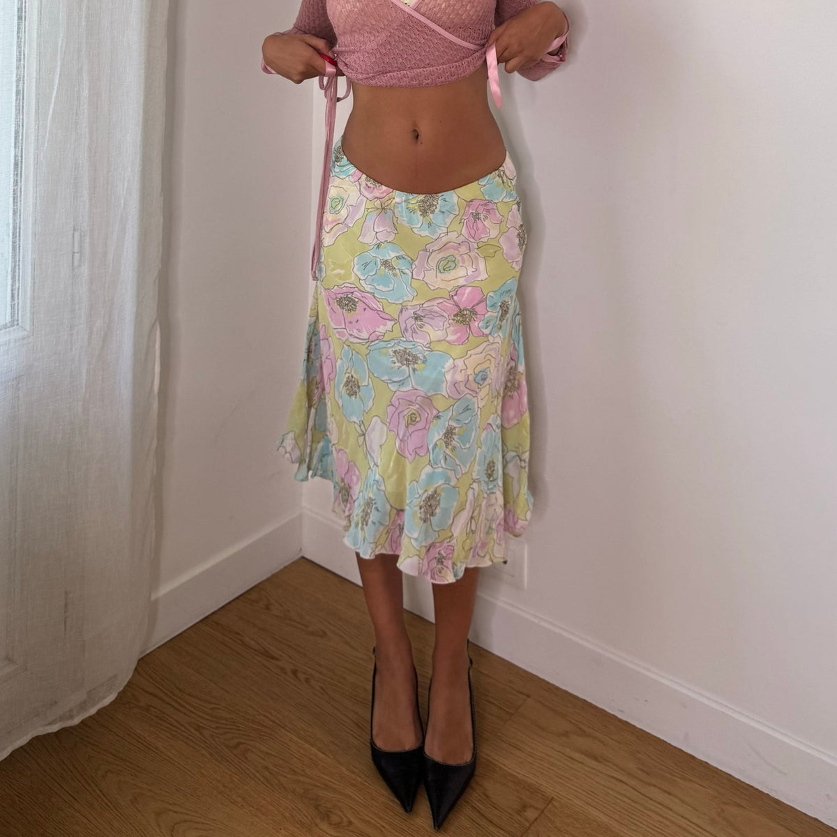European vintage pastel floral print mesh midi skirt with flared hem