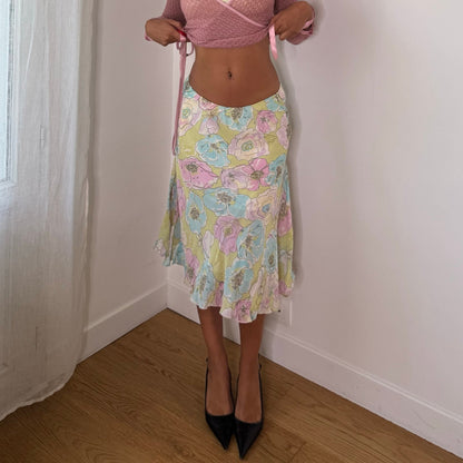European vintage pastel floral print mesh midi skirt with flared hem
