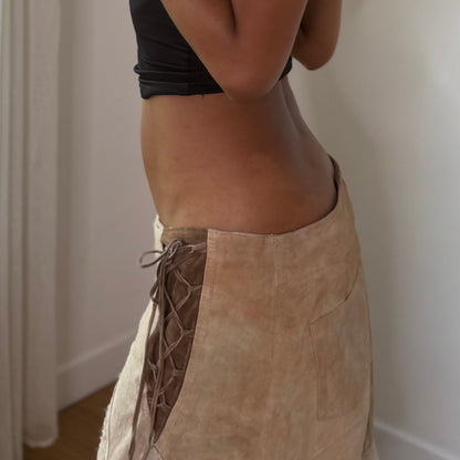 Vintage Italian Suede Leather Beaded Lace Up Skirt (S/M)