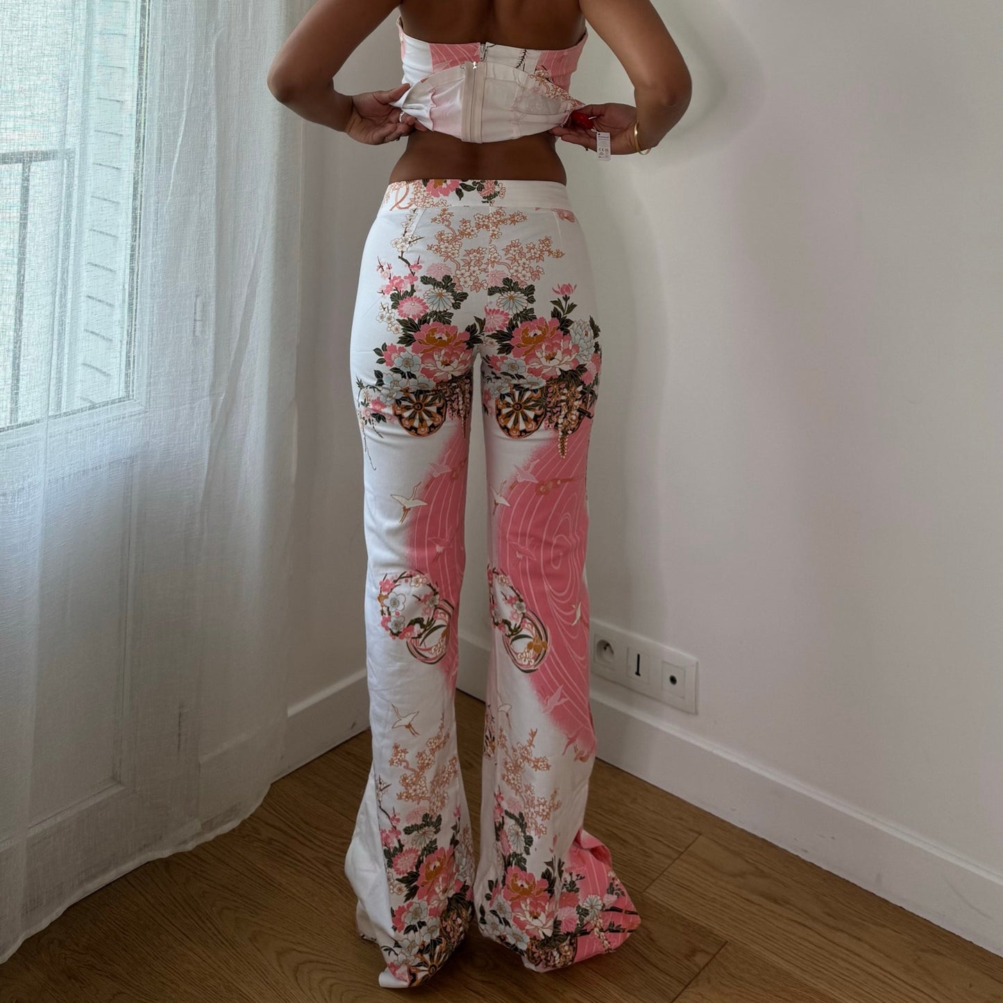 Vintage White Pink Floral Bustier & Pants Set Cotton Spanish Y2K (XS/S)