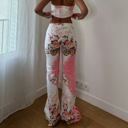 Vintage White Pink Floral Bustier & Pants Set Cotton Spanish Y2K (XS/S)