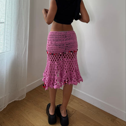 Vintage Pink Crochet Knit Midi Skirt Fishnet Ruffle Hem Y2K (S)