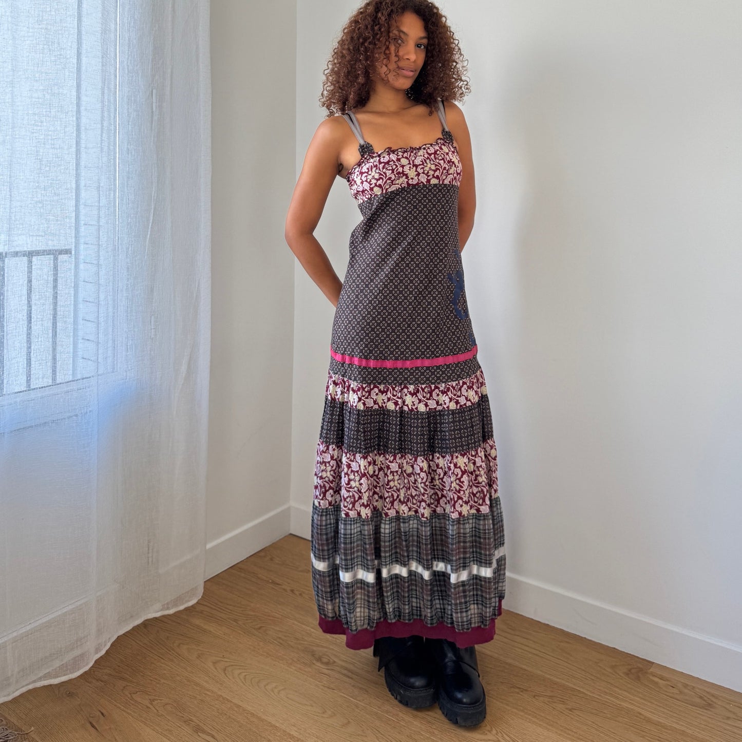 Vintage Cop Copine patchwork print cotton maxi dress with cross back (Small)