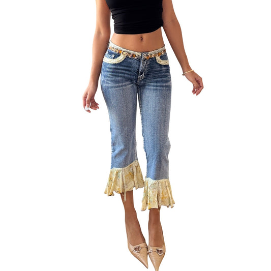 Vintage Italian Cropped Flare Jeans Lace Trim Beaded Waist Y2K (XS)