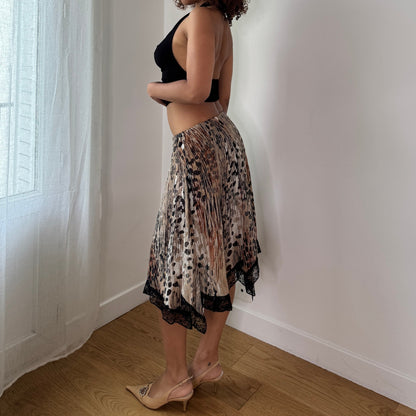 Vintage Animal Print Pleated Midi Skirt Italian Y2K Lace Hem Skirt (S) ⠀