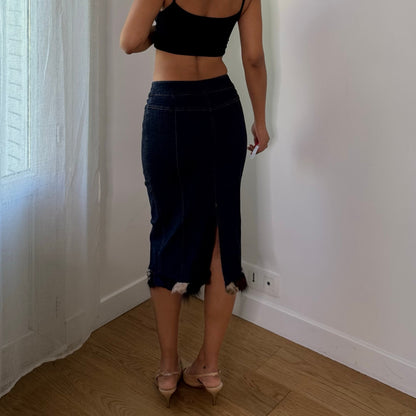 Vintage Italian Denim Faux Fur Trim Midi Skirt (XS/S)