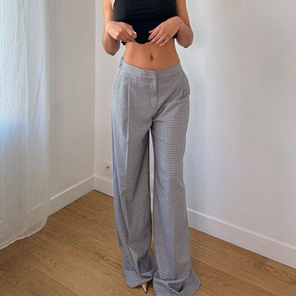 Vintage Blue White Houndstooth Wide Leg Trousers Mid Rise Italy Y2K (S)