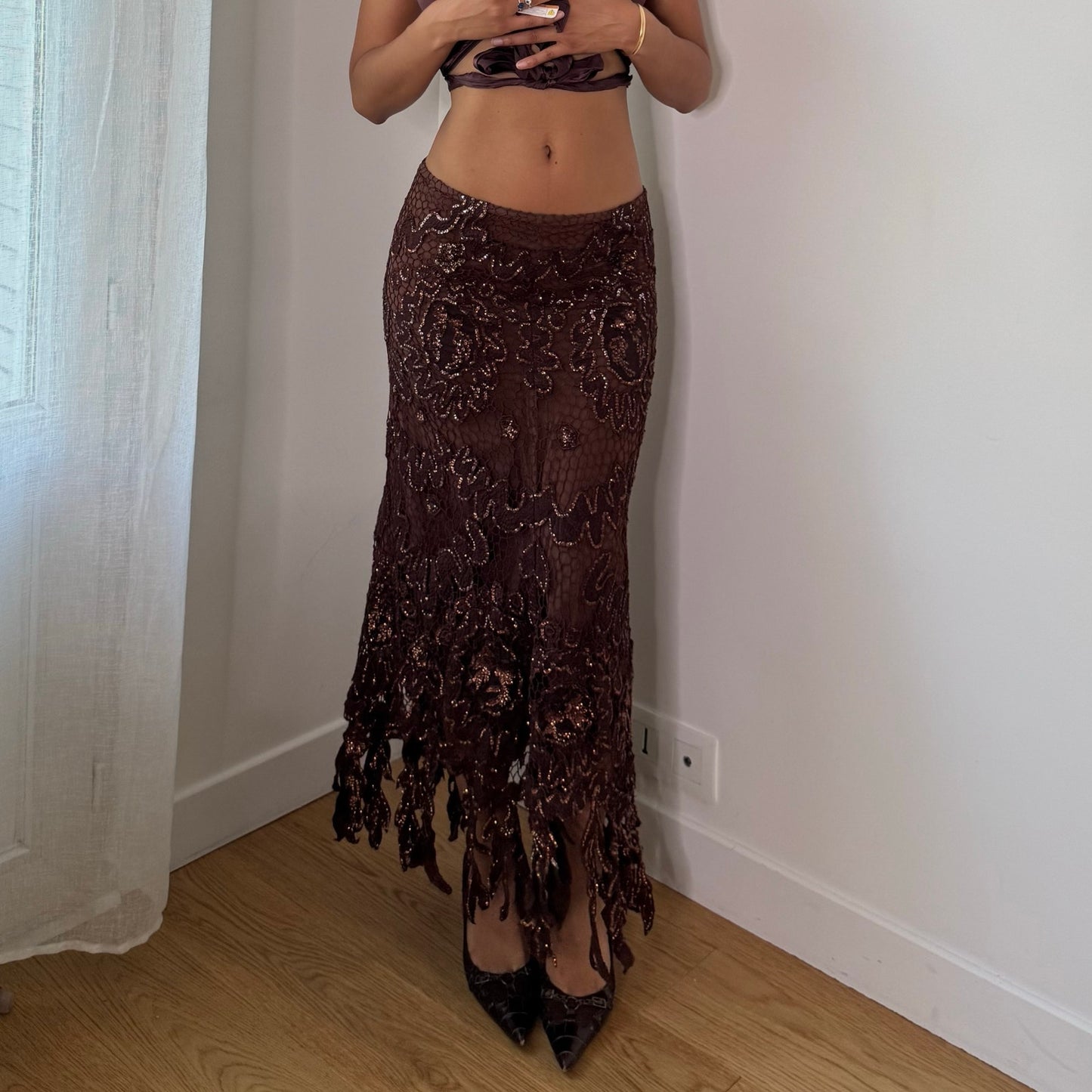 Vintage Brown Hand Beaded Silk Mesh Maxi Skirt Y2K (S)