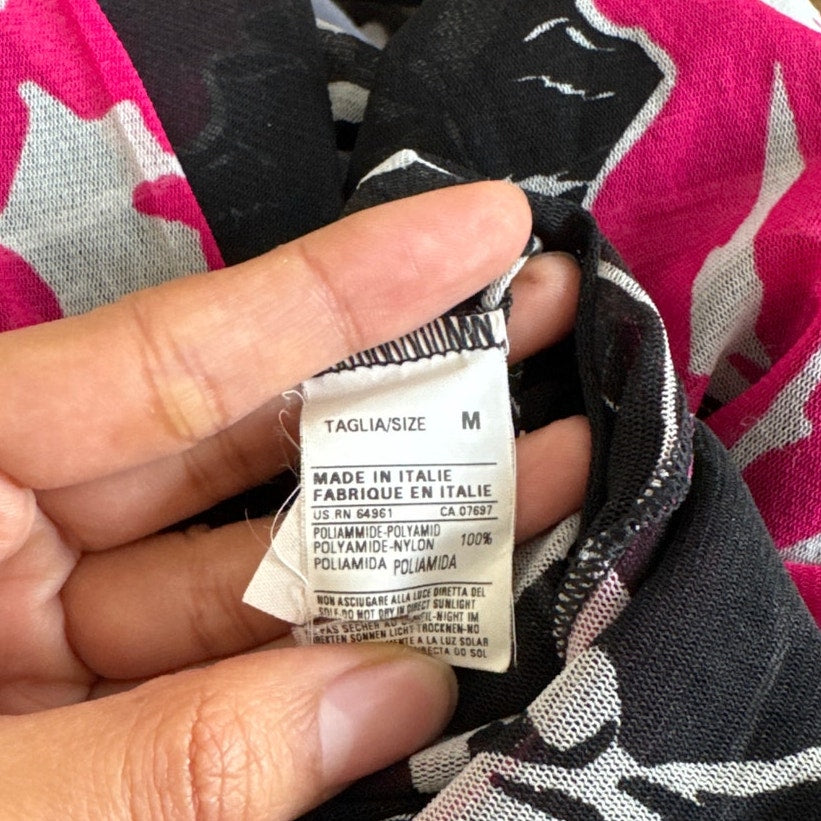 Vintage Italian Y2K Black & Pink Graphic Mesh Mock Neck Top (S/M)