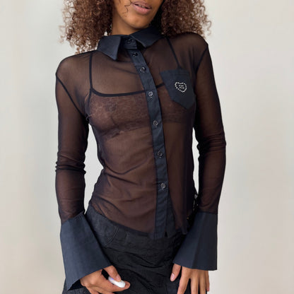 Italian Mesh Sheer Button-Up with Rhinestone Pocket (Small)
