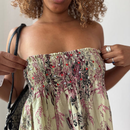 Vintage Floral Smocked Bandeau Top Sequin Embellished Babydoll Euro Y2K (S/M)