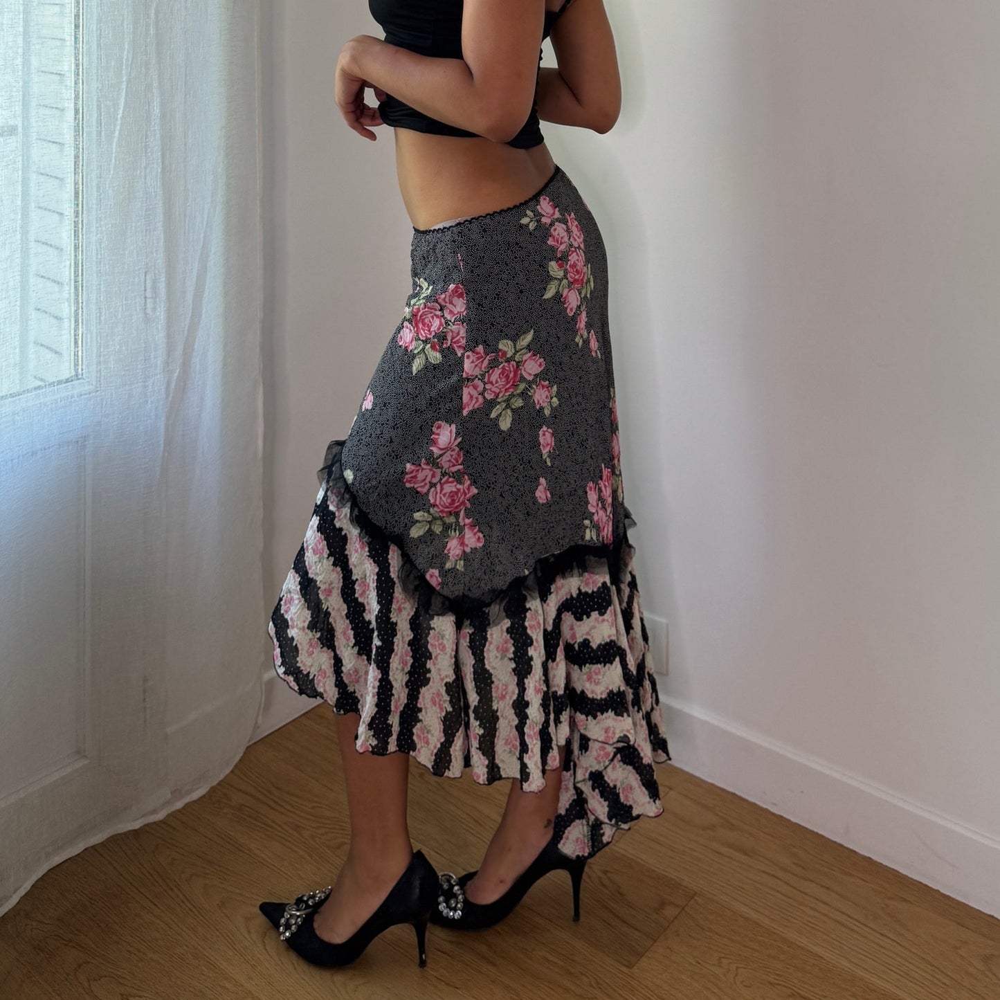 Vintage Black Pink Floral Mesh Asymmetrical Midi Skirt Euro Y2K (S)
