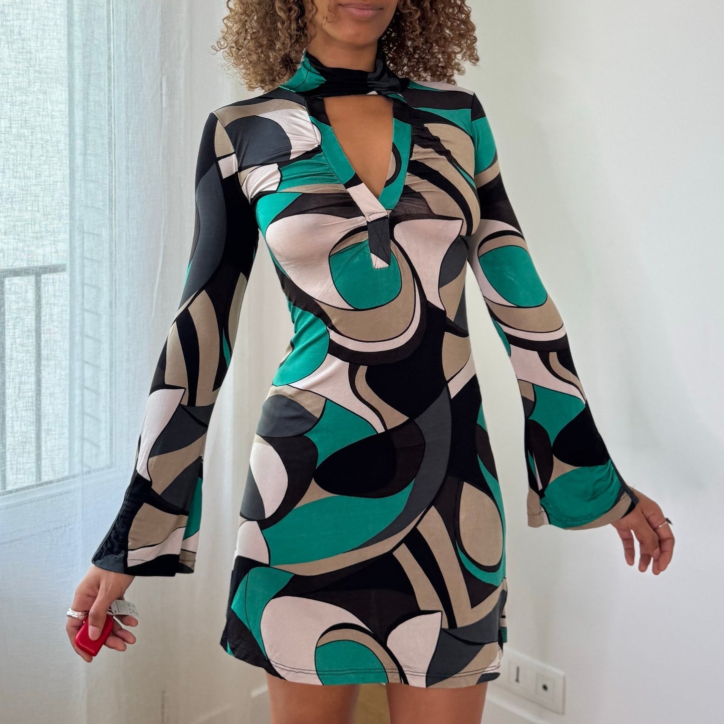 Vintage Green Black Beige Abstract Slinky Cutout Mini Dress Italian Y2K (S/M)