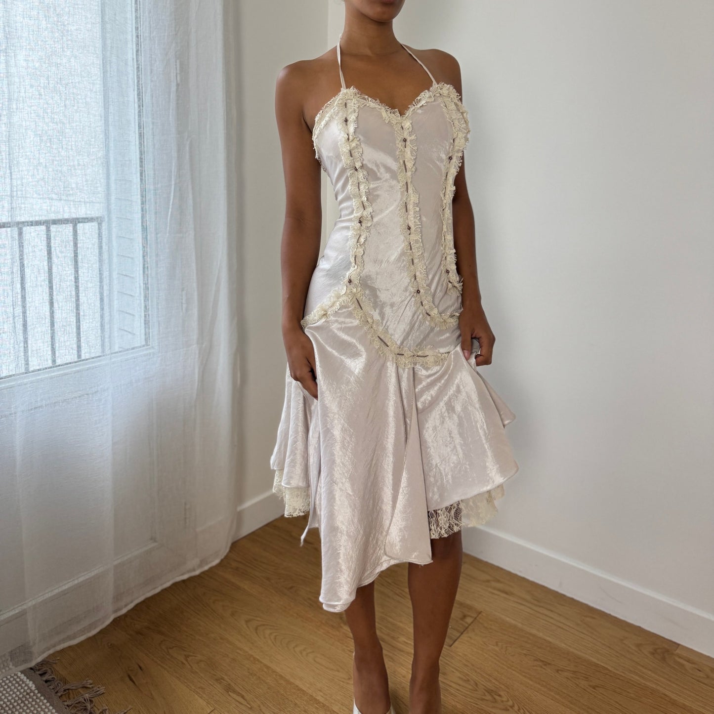 Vintage Italian Satin-Look Halter Asymmetric Dress (XS/S)