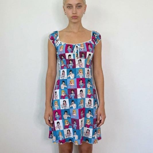 Vintage Multicolor Comic Print Babydoll Mini Dress Spanish Y2K (S/M)