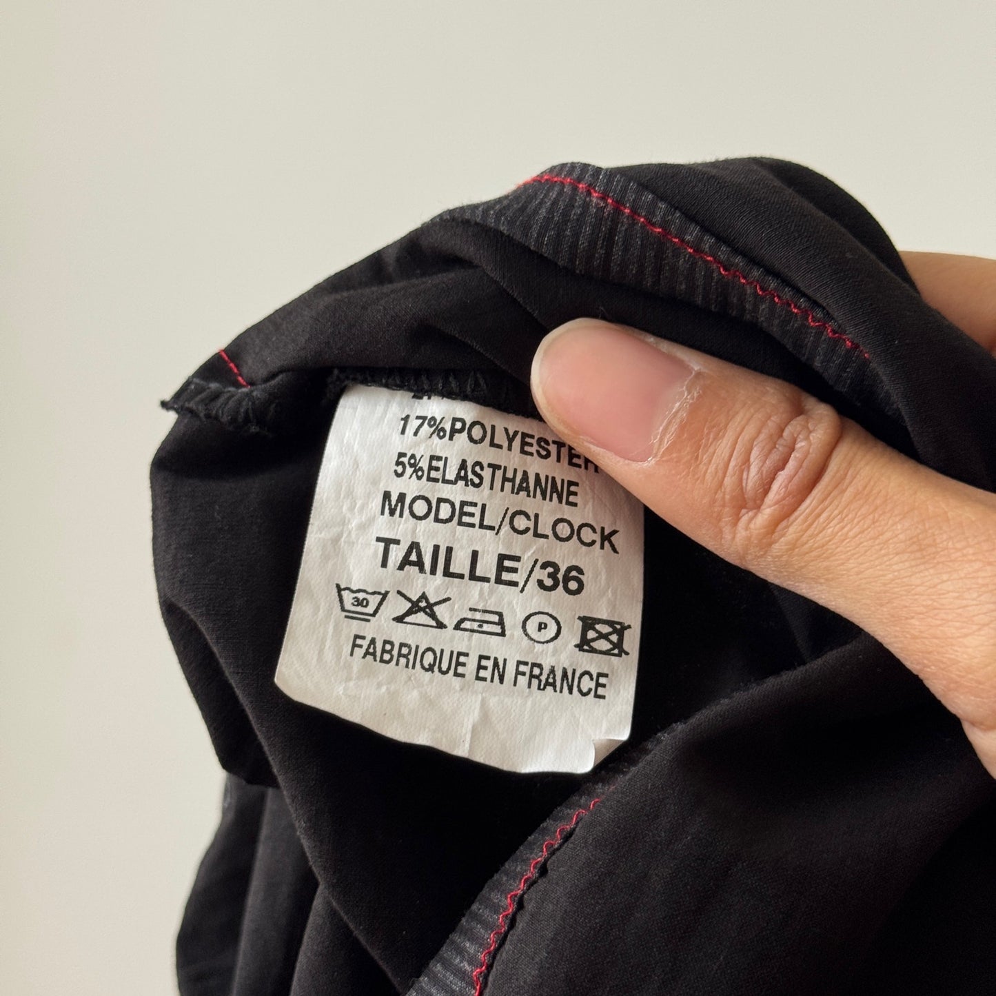 Vintage French black asymmetric wrap-style midi skirt with contrast stitching (XS/S)