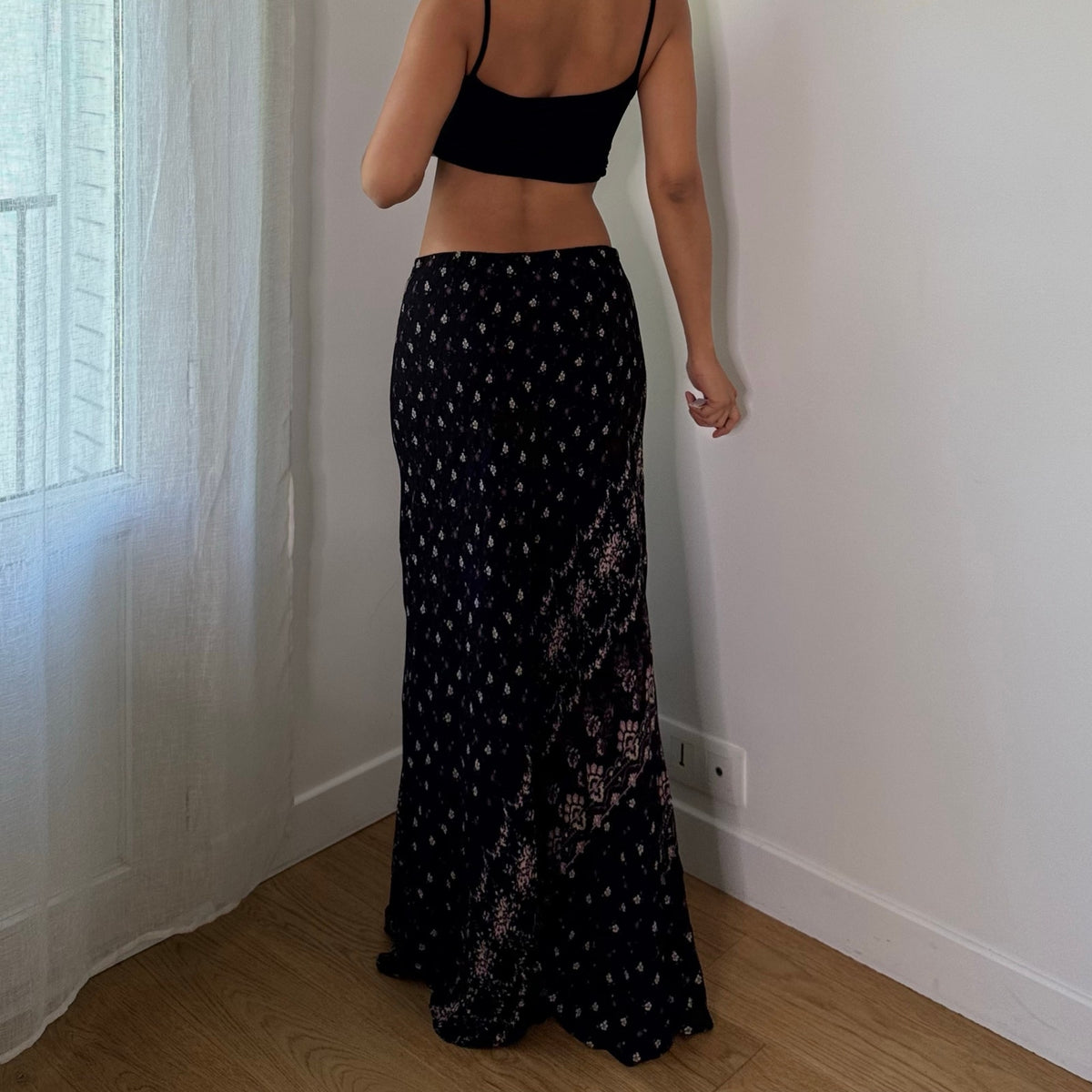 Vintage Black Pink Paisley Sheer Mesh Maxi Skirt (S)