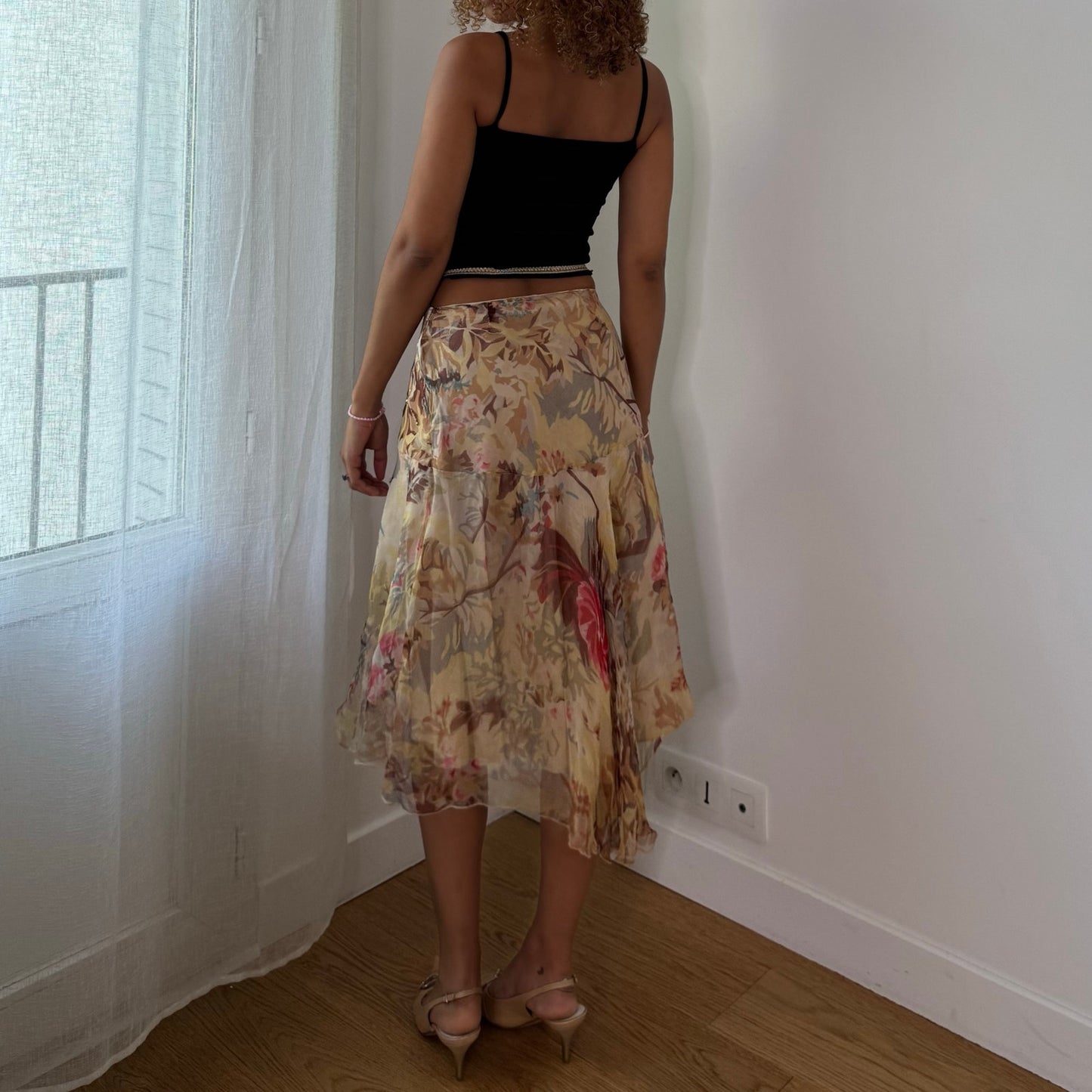 Vintage Beige Pink Floral Mesh Midi Skirt Italian Y2K (XS/S)