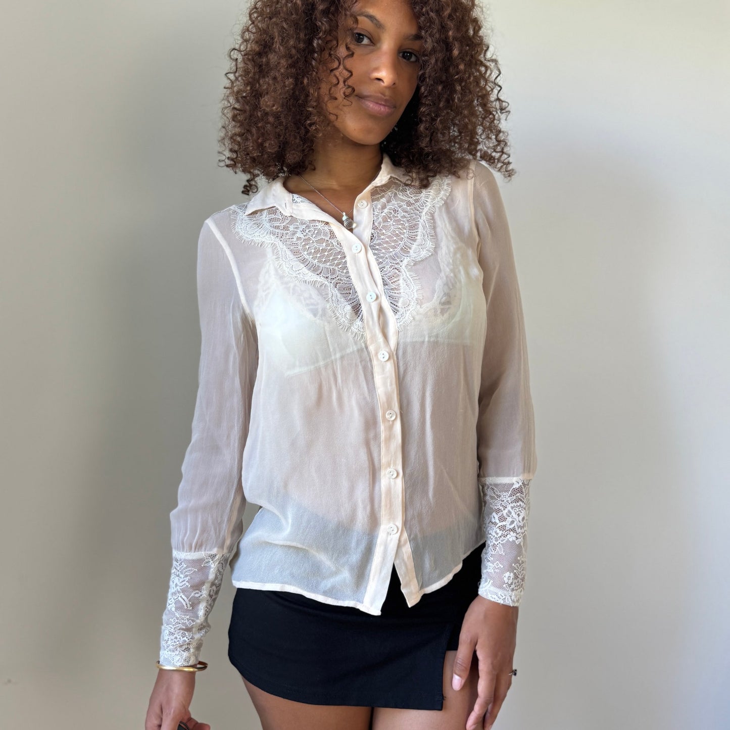 Vintage euro Ivory Sheer Lace-Panel Button Blouse with Lace Cuffs (S)