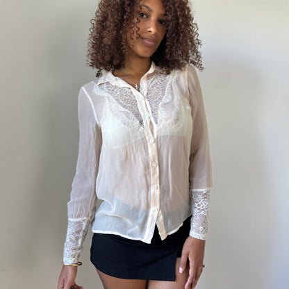 Vintage euro Ivory Sheer Lace-Panel Button Blouse with Lace Cuffs (S)
