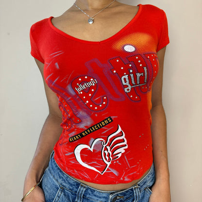 Italian Vintage 00s red graphic baby tee with lace up back (S) euro fitted