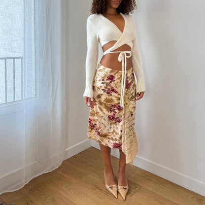 Vintage Italian tan floral mesh draped lace detail midi skirt (Small)