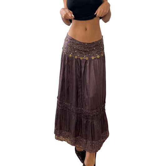 Vintage silk embellished tiered maxi skirt (Medium)