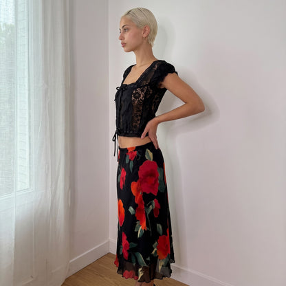 Euro Vintage Black Red Rose Mesh Midi Skirt (S)
