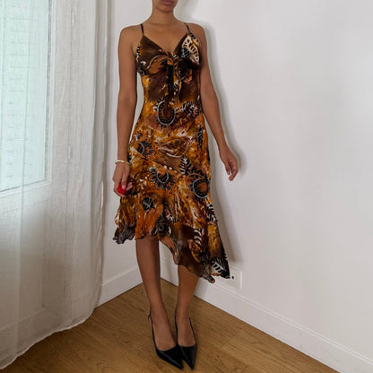 Italian vintage Y2K amber brown & orange abstract paisley print mesh dress with asymmetric ruffle hem