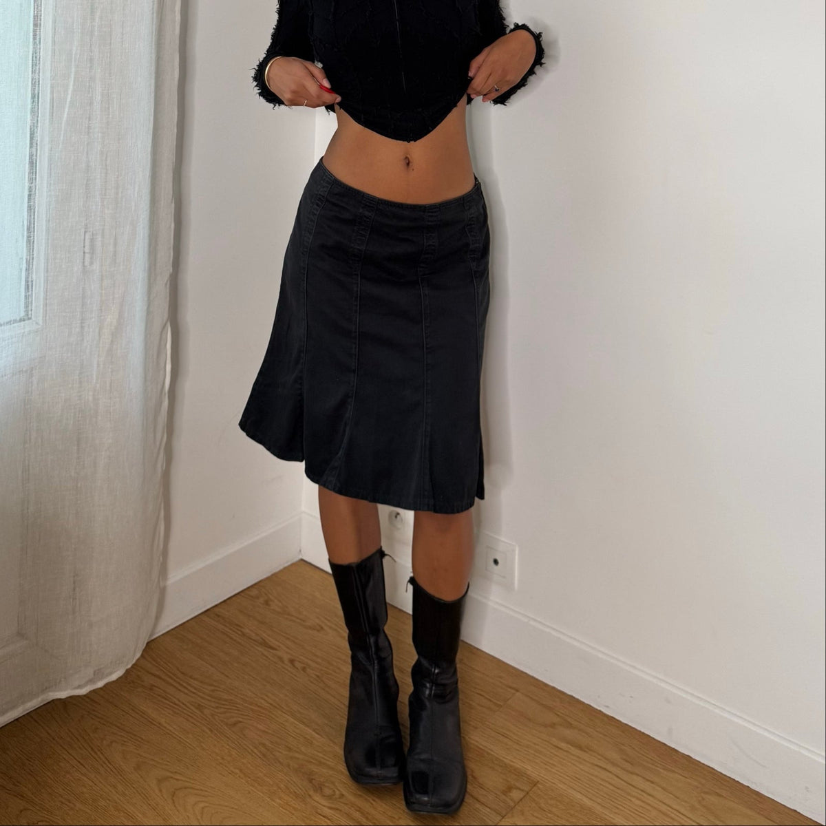 French vintage 2000s black denim knee-length skirt with flared panels & back zipper