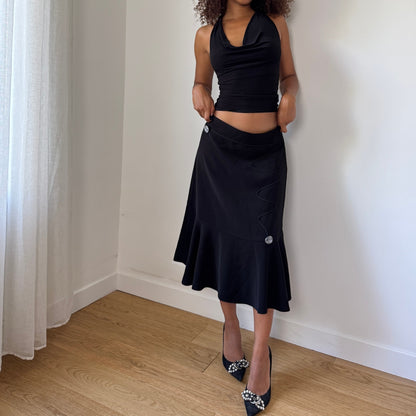 Vintage Black Asymmetrical Flounce-Hem Midi Skirt (S/M)